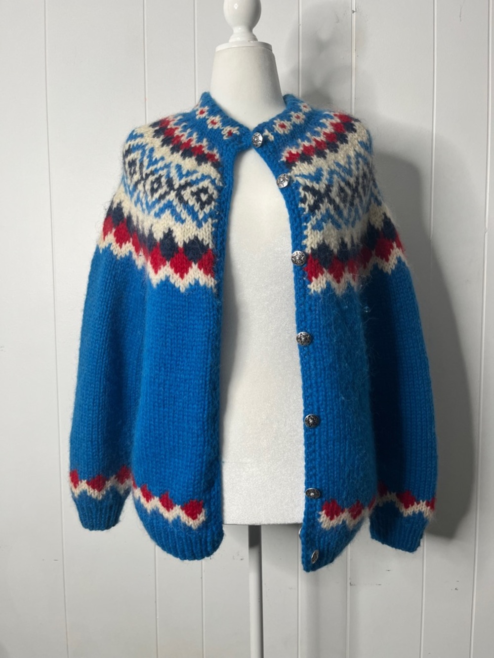 Icelandic 100% Wool Blue Fair Isle Women's Cardigan Sweater Chunky Knit Size L